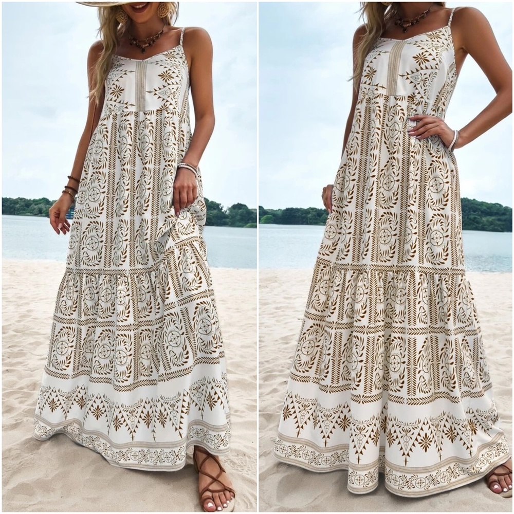 Boho Tropical Plants Print Cami Maxi Dress